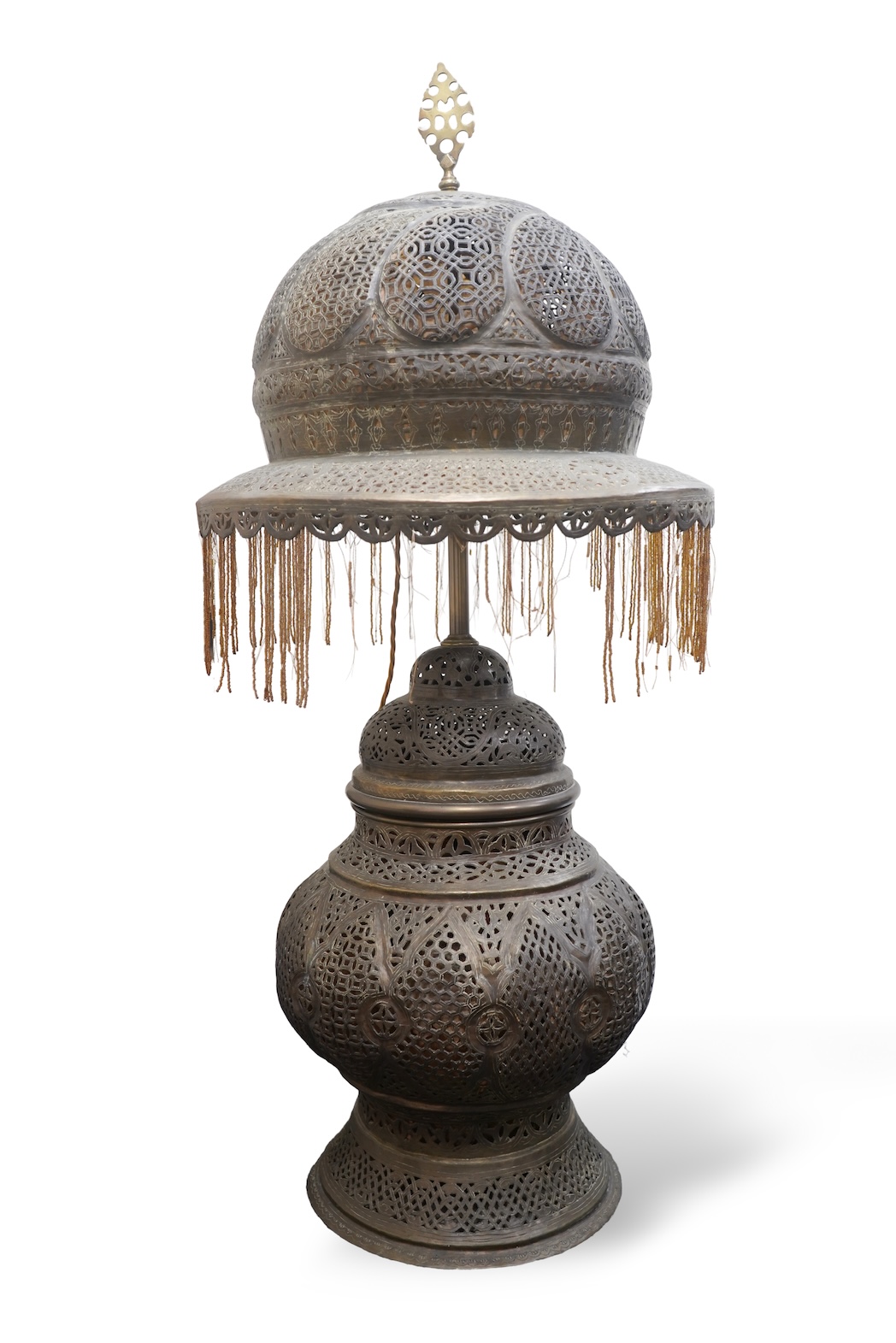 A large Moroccan pierced brass lamp and shade, 20th century